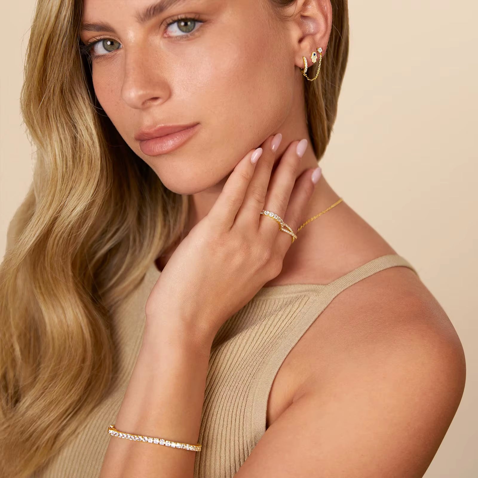 Shevalue 14K Gold Chain Earrings for Women Fashion Double Piercing Dangle Chain Huggie Hoop Earrings New Cubic Zirconia Stud Ear